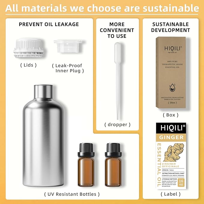 HIQILI 16 Fl Oz Ginger Oil, 100% Pure Natural Ginger Essential Oil for Hair, Massage, Skin - 500ML