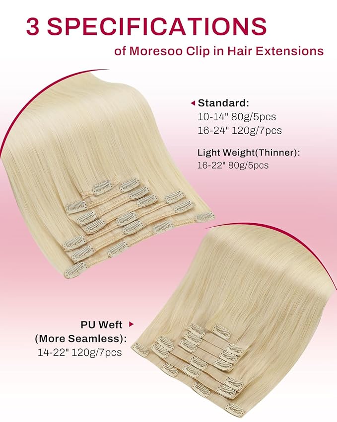Moresoo Blonde Clip in Hair Extensions Remy Human Hair Golden Platinum Blonde Human Hair Clip in Extensions #60 7Pcs/120G 20inch
