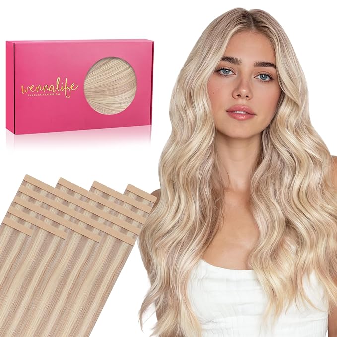 WENNALIFE Tape in Hair Extensions Human Hair, 20pcs 50g 22 inch Balayage Light Wheat Platinum Blonde Remy Hair Extensions Straight Human Hair Tape in Extensions Skin Weft Tape Extensions Human Hair