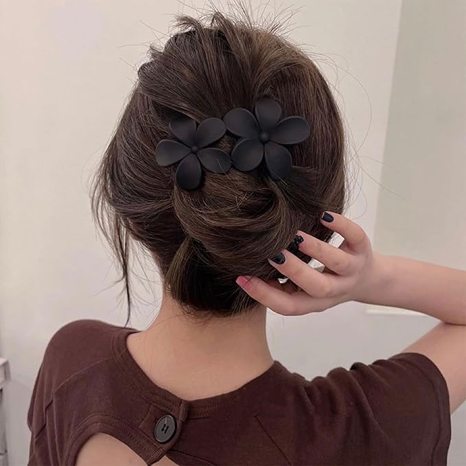 Flower Hair Clips for Women - French Flat Hair Claw, Matte Clips, Non-Slip Cute Duck Billed Claw for Thick Hair, Girls (Black, White)