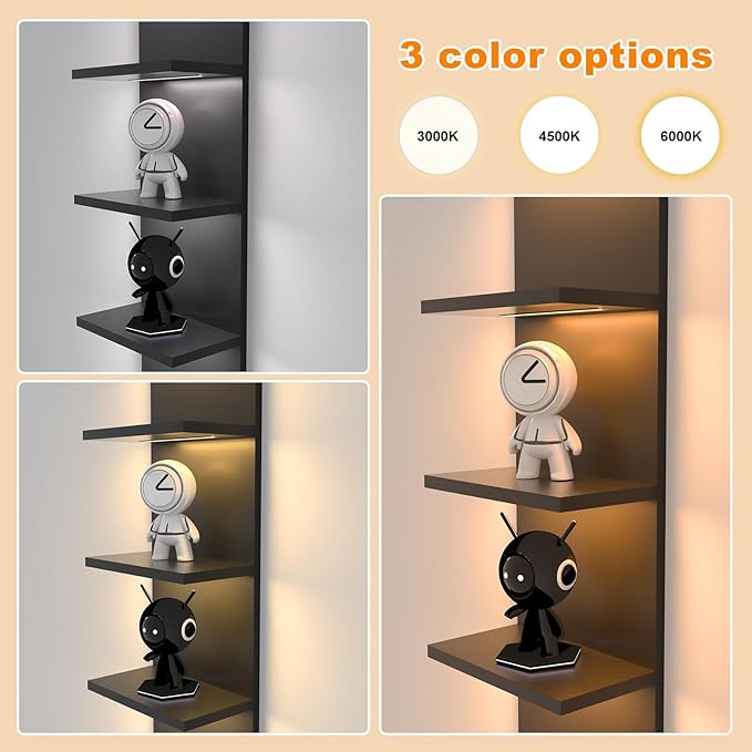 5 Tier Wall Shelf Unit, Black Modern Vertical Lack Wall Shelves with Light, Wall Mount, Floating Column Home Decor Shelves for Bedroom, Living Room, Vanity Storage Display