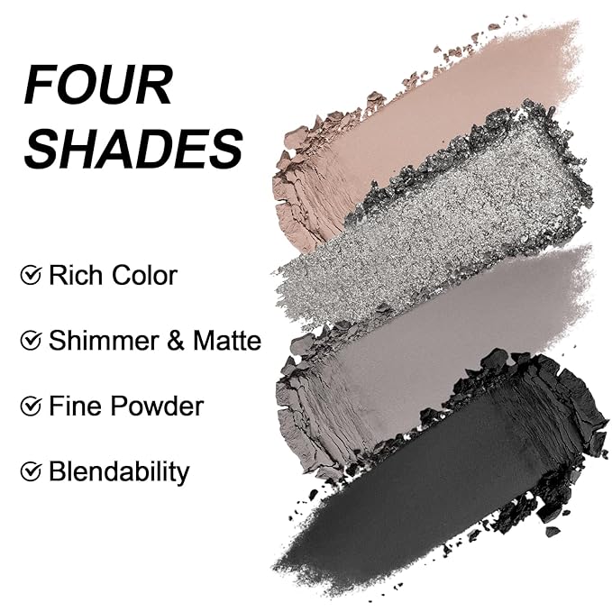 Erinde 4 Colors Eyeshadow Palette Eye Shadow Makeup, Matte Shimmer Metallic Taupe Gray Black Sliver Smokey Eyeshadow, Long Wearing, Velvety Pigmented Blendable, Quad Eye Shadow Palette, 01