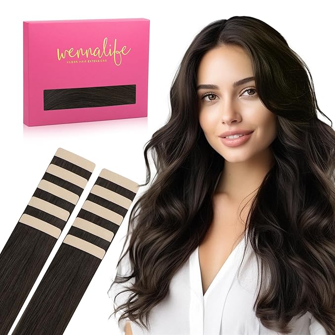 WENNALIFE Tape in Hair Extensions Human Hair Dark Brown Tape in Extensions, 10pcs 30g 24 inch Remy Invisible Tape Ins Straight Colored Soft Real Human Hair Tape in Extensions Refill Set Extensions