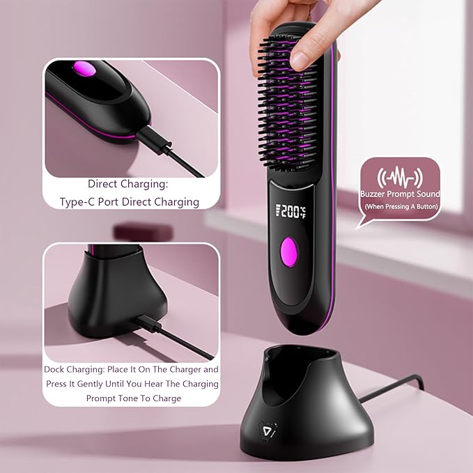 Go Brush Pro Hair Straightener – Cordless Comb with Negative Ion, 7400mAh Fast Heating & Portable Travel Design, Rechargeable Brush for Straightening and Curling (Black-1Pcs)