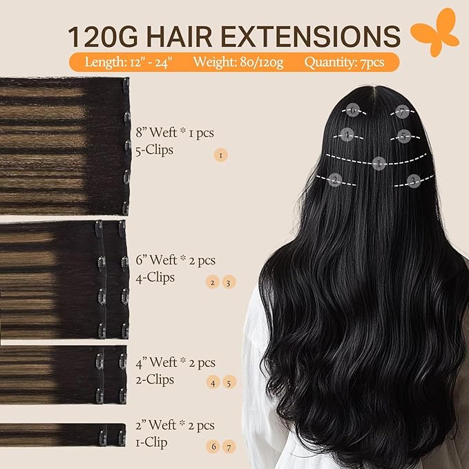 DOORES Clip in Hair Extensions Human Hair Extensions, Balayage Natural Black to Chestnut Brown 16 Inch 7pcs 120g Real Hair Extensions Straight Thick Natural Human Hair Extensions