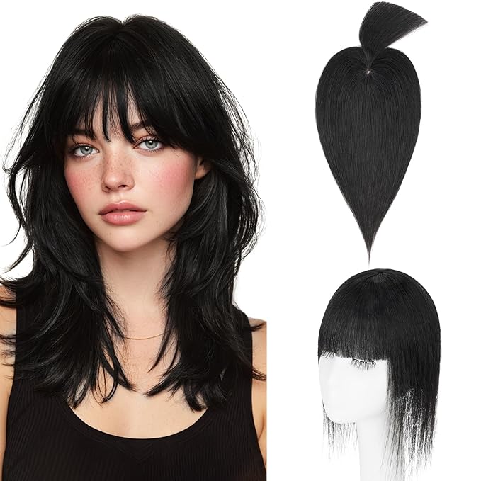 Hairro Mono Hair Toppers with Bangs, 3.4" x 3.4" Mono Base 100% Real Human Hairpieces for Women, 150% Density Clips In Topper for Greyish Thinning Hair, 14 Inch Jet Black