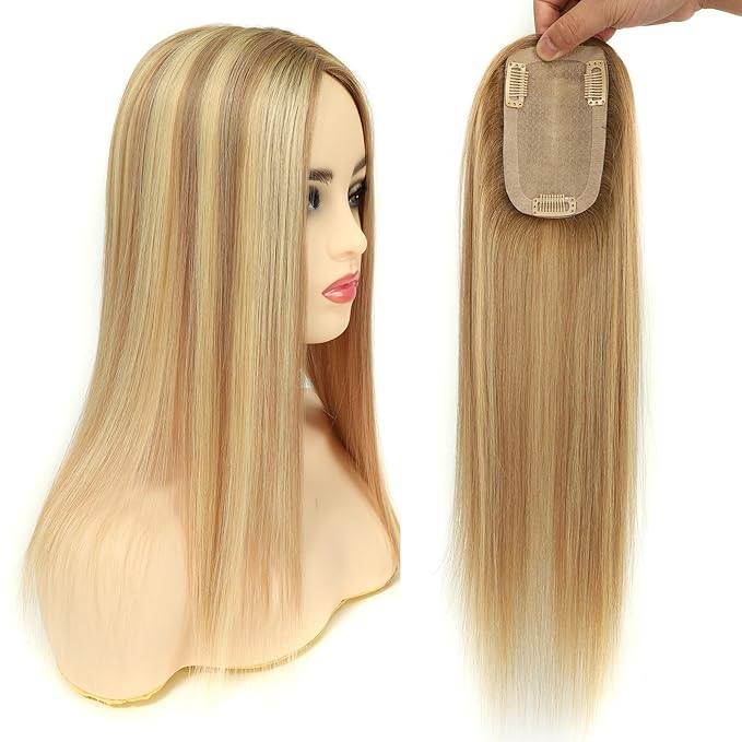 Real Human Hair Toppers for Women #TLQ, 3x5 Inch Injected Silk Base 130% Density 18 Inch Length Hair Toppers