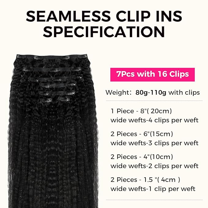Lashey Seamless Clip in Hair Extensions Human Hair #1 Jet Black Kinky Straight Clip in Hair Extensions Real Human Hair 7pcs 110g 18 Inch PU Weft Natural Hair Extension for Women