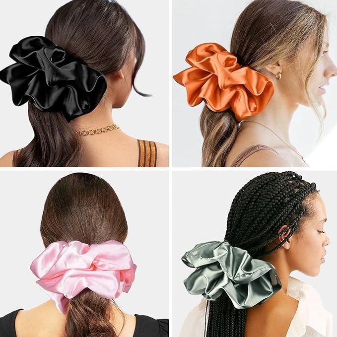 9.5 inch Silk Scrunchies - Jumbo & Giant Satin Scrunchies - Thick Elastic Fluffy Hair Ties for Women & Girls - 3 Pack (Black, Pink, Ivory)