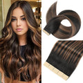 Tape in Hair Extensions Human Hair 16 Inch 20pcs Invisible Tape ins Hair Extensions Real Human Hair Natural Black Mixed Chestnut Brown Remy Seamless Injected Tape Extensions