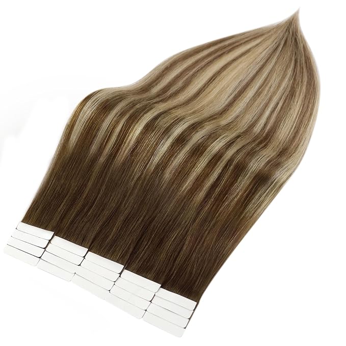 Full Shine Hair Extensions Tape in 16 Inch Balayage Invisible Tape in Extensions Color Ombre Brown and Blonde 4/27/60/8 Tape Extensions Human Hair Natural Straight 20 Pcs 50 Gram Add Volume Remy