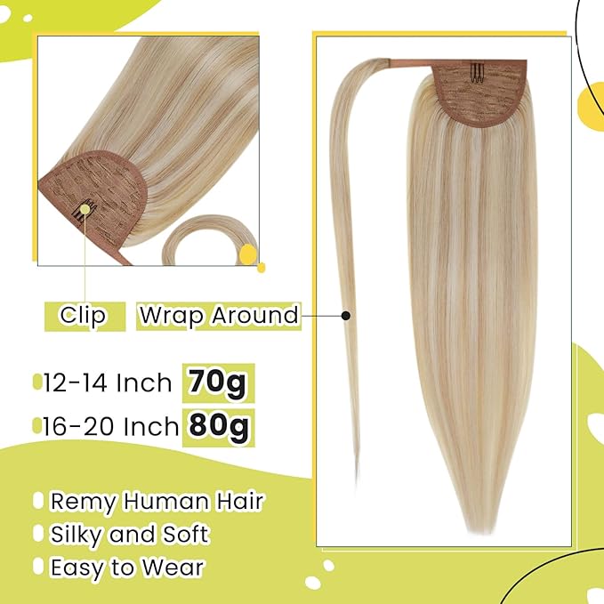 RUNATURE Blonde Human Hair Ponytail Extension, Long Ponytail Extension Real Human Hair 20 Inch, Ponytail Hair Extensions With Magic Paste, Remy Natural Hair, 80g #18P613 Ash Blonde Highlight