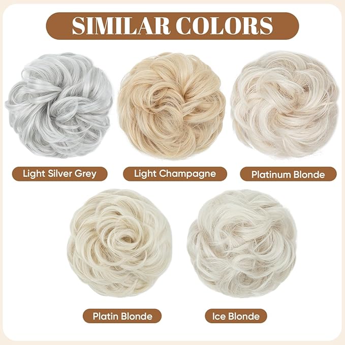 CJL HAIR Large Messy Bun Hair Piece Wavy Curly Scrunchies Synthetic Chignon Ponytail Hair Extensions Thick Updo Hairpieces for Women Ice Blonde
