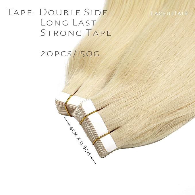 Lacer Tape in Hair Extension Human Hair Natural Dip Dyed Light Platinum Blonde Invisible PU Skin Weft 100% Human Hair Extensions Tape ins Double Sided Weft 50g 20pcs/set 20 inch