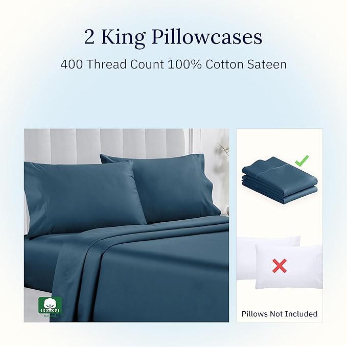 California Design Den King Size Pillowcase Set - 400 Thread Count, 100% Cotton Sateen, Set of 2 Pillow Covers, Soft and Breathable - Peacock Blue