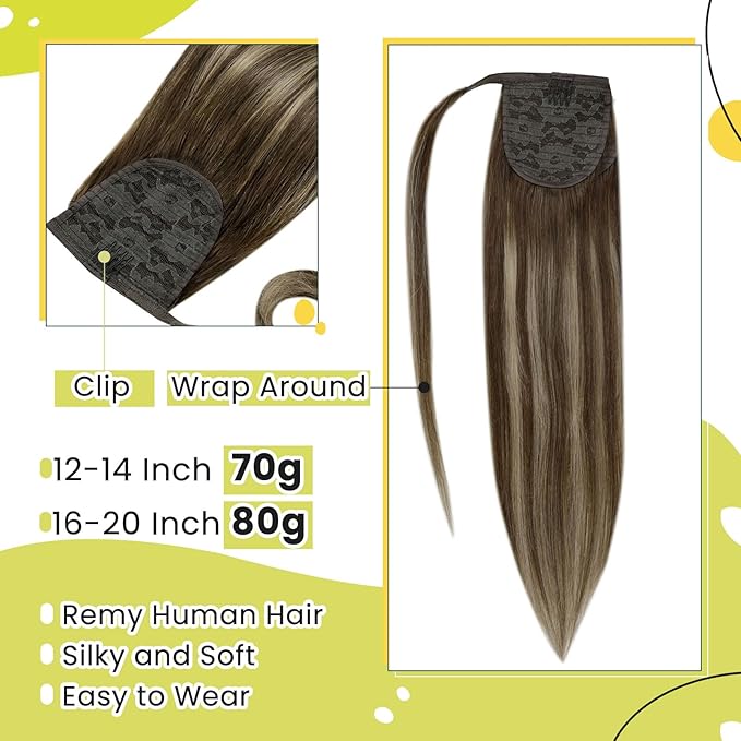 RUNATURE Real Hair Ponytail Extension, Long Human Hair Ponytail for Women, Straight Remy Natural Ponytail Extension, Add Length, 20 Inch 80g #4/27/4 Balayage Brown to Strawberry Blonde