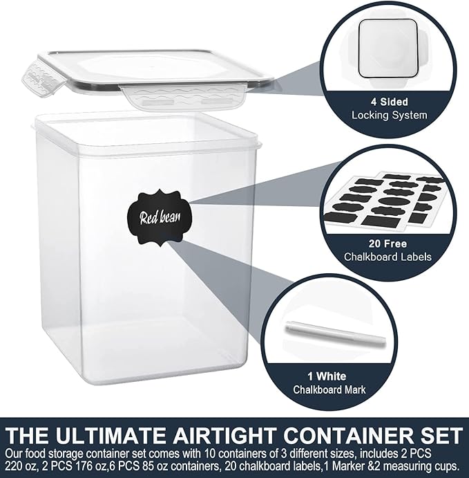 VERONES Large Tall Airtight Food Storage Containers, 10 PACK Plastic Airtight Kitchen & Pantry Organization, Ideal for Flour & Sugar Plastic Canisters with Labels