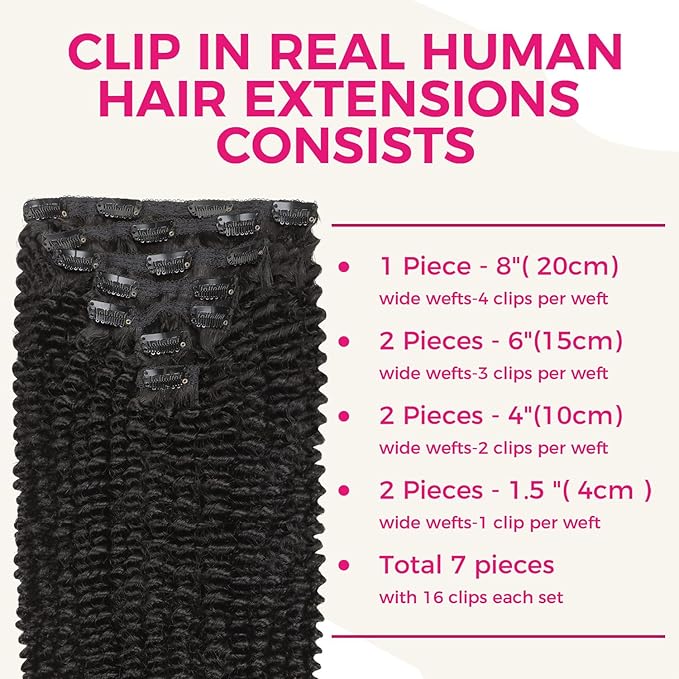 Lashey Clip in Hair Extensions Real Human Hair 7pcs 120g Kinky Curly Clip in Hair Extensions Human Hair Natural Black 14 Inch Clip in Hair Extensions Black Women
