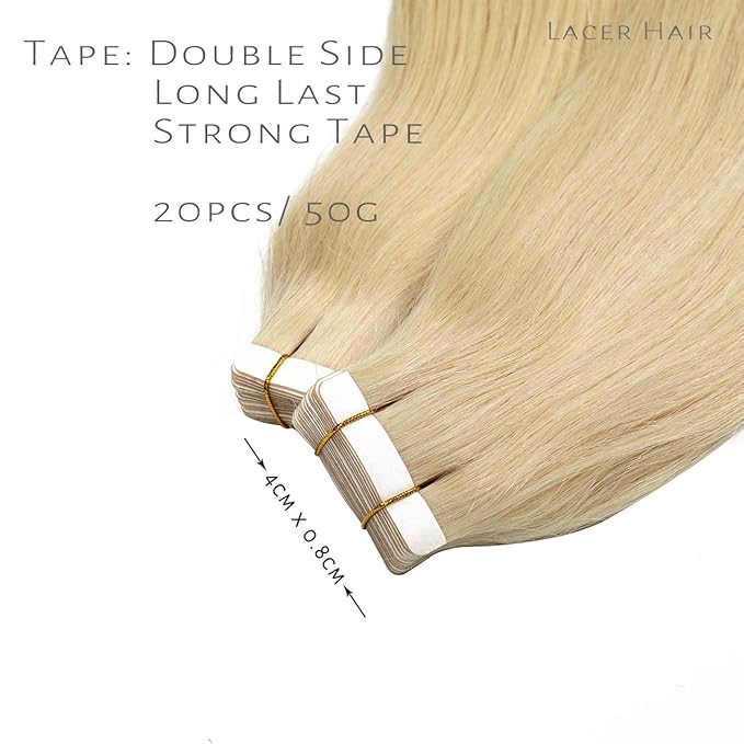 Lacer Remy Tape in Hair Extensions Human Hair - Natural PU Skin Weft Real Virgin Human Hair Extensions Tape in - Platinum Blonde Double Side Weft 50g 20pcs/set 14 Inch