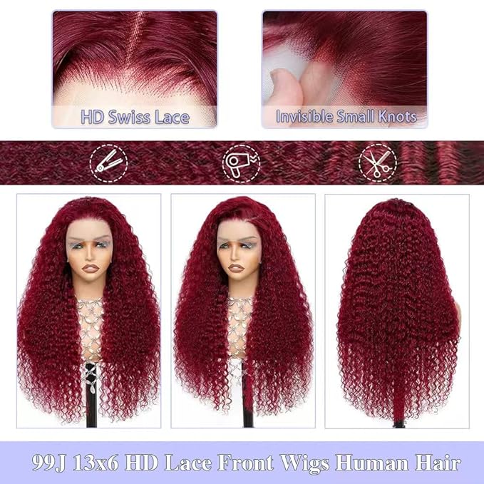 36 Inch Burgundy Wig Human Hair 13x6 Deep Wave Lace Front Wigs Human Hair 200 Density 99j Burgundy HD Lace Front Wigs Pre Plucked Red Frontal Glueless Deep Wave Wig for Women