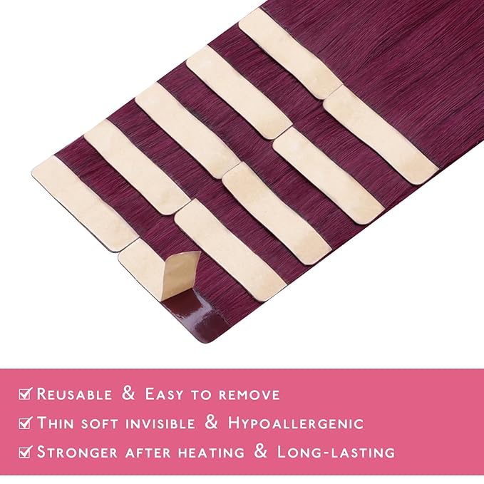 WENNALIFE Tape in Hair Extensions Human Hair Light Burgundy Tape in Extensions, 10pcs 20g 12 inch Remy Invisible Tape Ins Straight Colored Soft Real Human Hair Refill Set