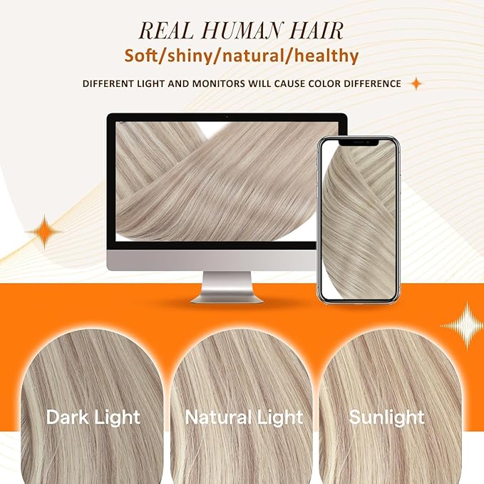 Full Shine Clip in Hair Extensions Ash Blonde Highlight Bleach Blonde Seamless Clip in Human Hair Extensions 16 Inch Human Hair Extensions With Highlights PU Clip in Extension 120 Grams 8 Pcs