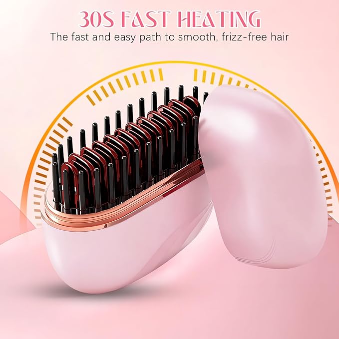Mini Straightener, Rechargeable Portable Hair Straightener Brush, 3-Speed Temperature Control, Anti-Scald Shell, Lightweight & Portable Travel (Pink)