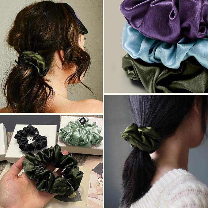 LILYSILK Silk Hair Scrunchies/Ties for Frizz & Breakage Prevention, 100% Mulberry, No Damage, Elastic ponytail Holders, 1Pc, Olive Green