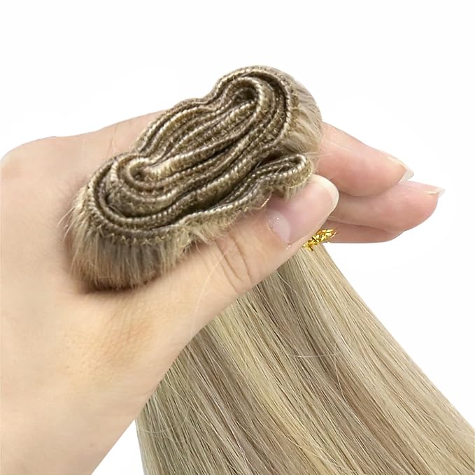 YoungSee 24Inch Weft Hair Extensions Human Hair Blonde Highlight Sew in Hair Extensions Golden Blonde Highlighted Dark Ash Blonde Smooth Double Weft Human Hair Extensions 100G