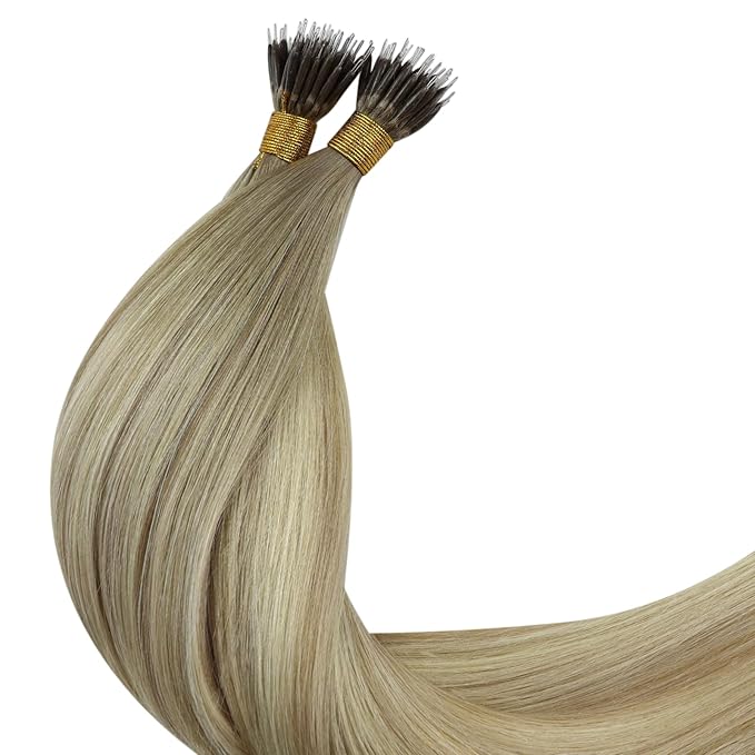 YoungSee Nano Extensions Human Hair Ombre Blonde Nano Tip Extensions Balayage Ash Blonde Ombre Platinum Blond Nano-bead Extension Human Hair Balayage Nanoring Hair Extension 18Inch 50G 50S for Daily