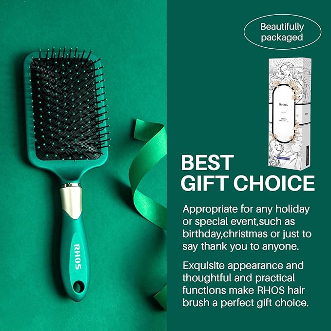RHOS Hair Brush for Women and Men - Detangler Hair Brush with Nylon Bristles for Thick, Curly, Thin, Long, Wet & Dry Hair - Cushion Square Hair Brush for Detangling and Smoothing - 1 Pack - Green