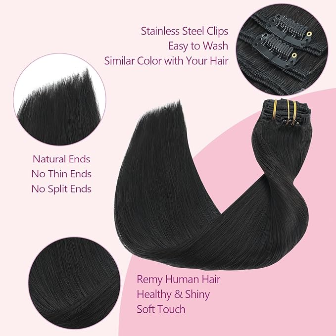 PINKPEARL Clip in Human Hair Extensions #1B Natural Black Clip in Hair Extensions Real Human Hair 20 inch Remy Hair 120g 7pcs Straight Natural Human Hair Clip ins(#1B-20)