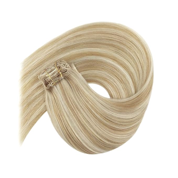 Ve Sunny Blonde Clip in Hair Extensions Highlight Human Hair Clip in Extensions for Women 12 Inch Real Hair Extensions Clip in Human Hair 80g