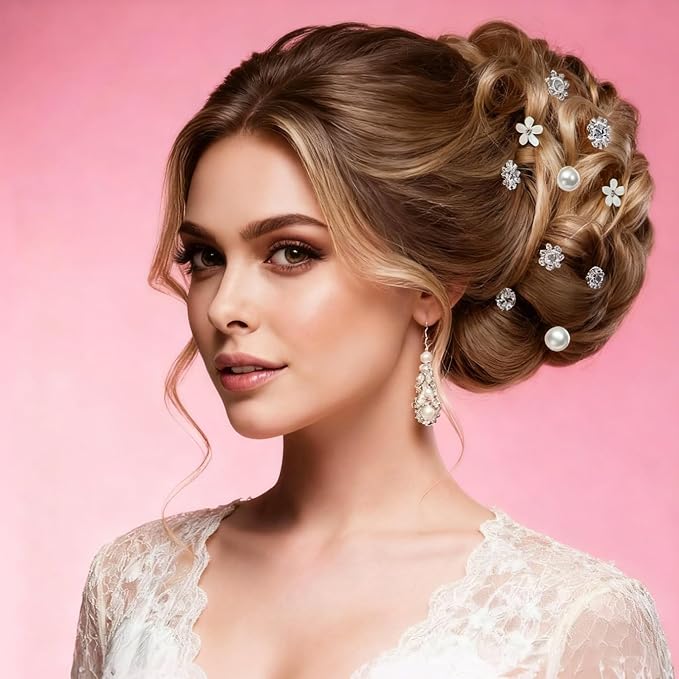 40 PCS Wedding Hair Pins for Brides, Pearl Hair Pins for Wedding, Silver Crystal Rhinestone Hair Pin Decorative Hair Accessories for Bridal Bridesmaid Women Prom Party