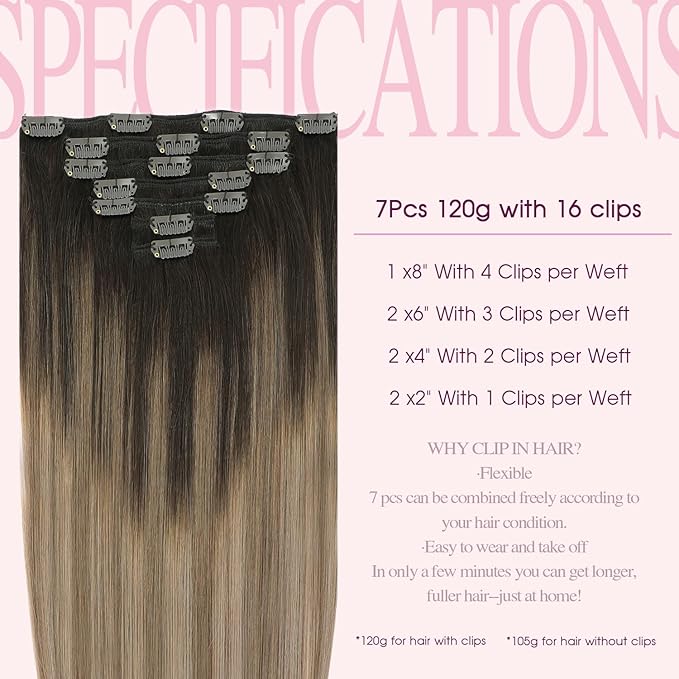 PINKPEARL Clip in Hair Extensions Real Human Hair #2/6/18 Balayage Dark Brown to Chestnut Brown and Ash Blonde 7pcs 120g 16inch Ombre Remy Human Hair Extensios Clip ins(#2/6/18-16)