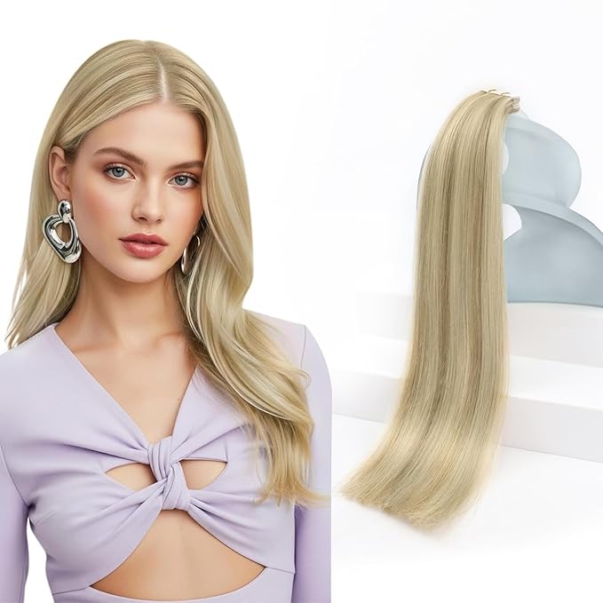 Sunny Hair Tape in Hair Extensions Real Human Hair Invisible Remy Hair Extensions Tape ins for Women Dark Blonde Highlights Light Blonde 16 inch 20Pcs 50G