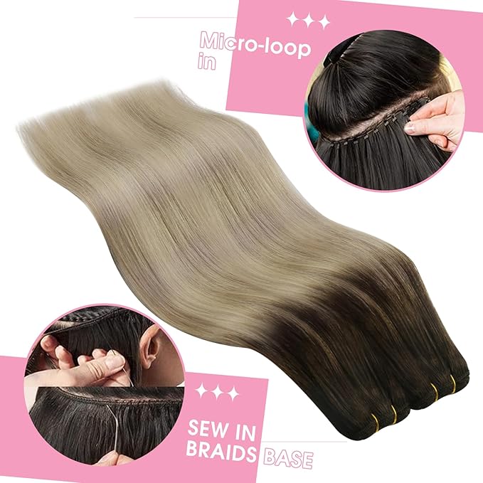 YoungSee Weft Hair Extensions Human Hair Ombre Blonde Sew in Extensions Balayage Human Hair Extensions Sew in Brown Ombre Golden Blond Mix Platinum Blonde Dyable Remy Hair 20Inch 100G
