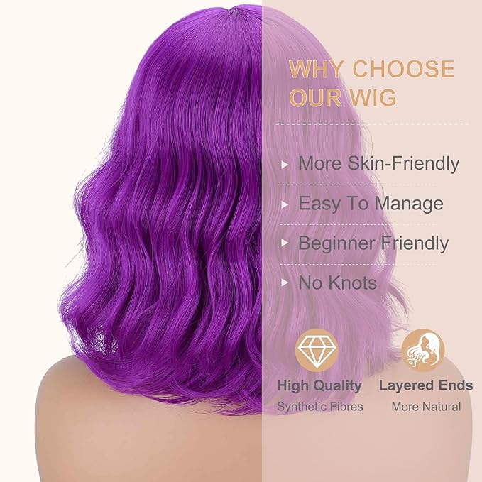 MISSQUEEN Short Dark Purple Wigs with Bangs for Women Loose Wavy Purple Wig Curly Shoulder Length Synthetic Cosplay Bob Purple Wavy Wig for Girl Colorful Costume Wigs