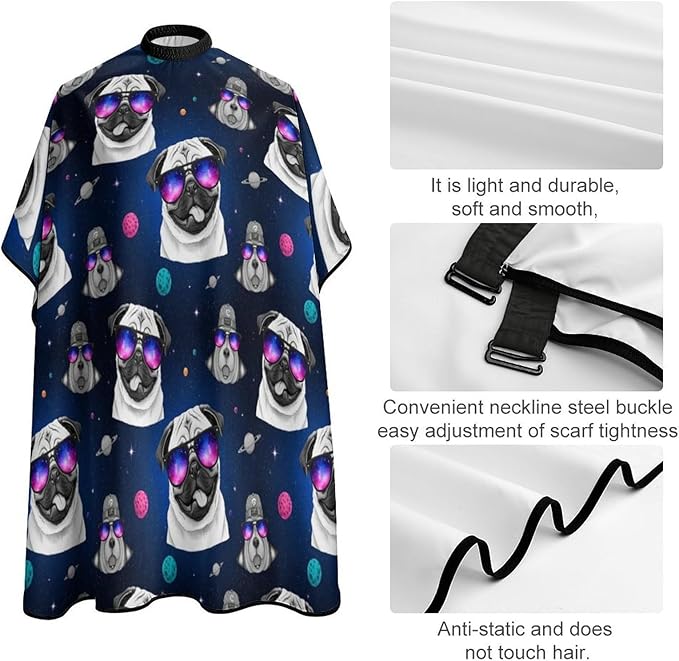 Extra Long Professional Salon Cape, Haircut Apron Galaxy Pug with Cool Glass Hair Cutting Gown for Styling Hair Cut Hairdresser