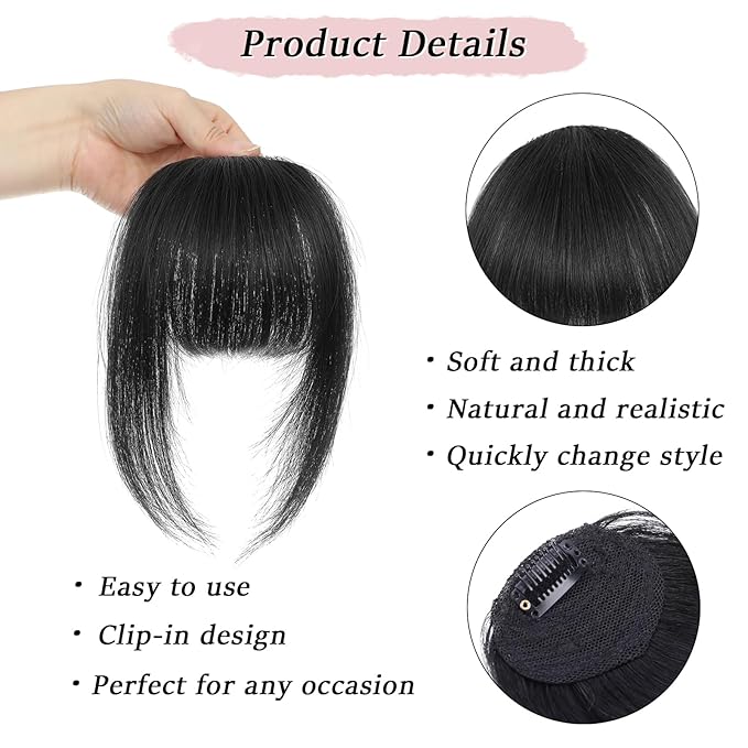 Clip in Bangs Real Human Hair Natural Black French Bangs Fringe with Temples Thick Curtain Bangs Clip on Bangs Curved Fake Bangs Hairpieces for Women for Daily Wear