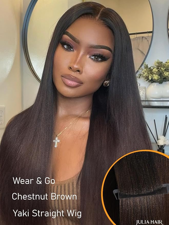 Julia Hair Chestnut Brown Ombre Yaki Straight 7x5 Pre Cut HD Lace Put On and Go Wig Bye Bye Knots Glueless Human Hair Wigs with Invisi Drawstring Pre Plucked Bleached Knots Beginner Friendly 26 Inch
