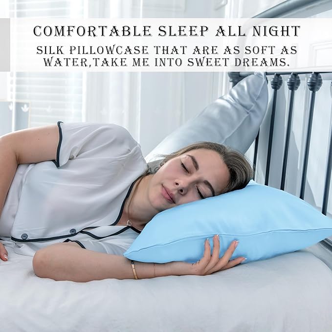 Mulberry Silk Pillow Cases Standard Size Silk Pillowcase with Zipper Soft Breathable Smooth Cooling Satin Silk Pillow Covers for Sleeping for Hair and Skin (Sky Blue,20"X 26",1Pcs)