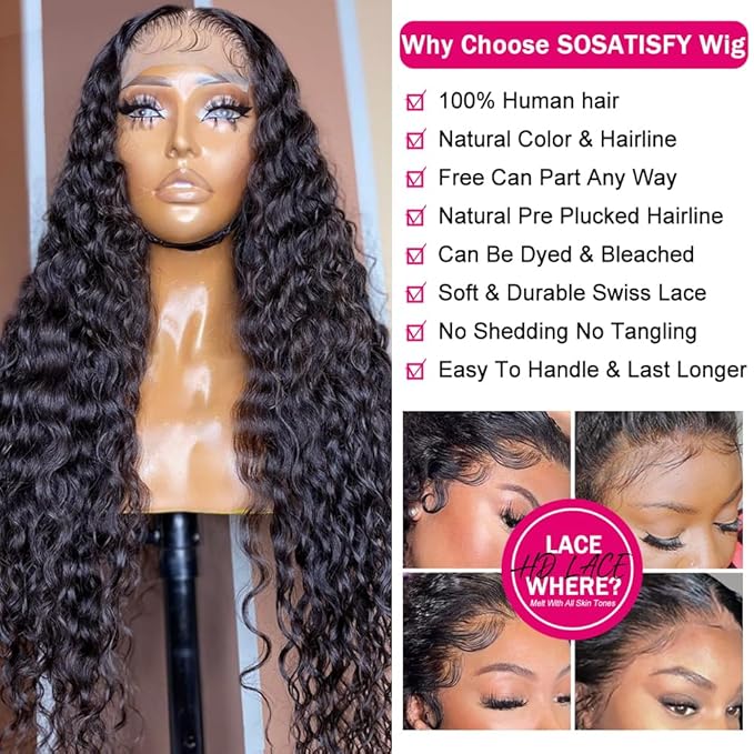 SOSATISFY Deep Wave Lace Front Wigs Human Hair 4x4 HD Transparent Lace Closure Wigs Glueless 180% Density Human Hair Wigs for Black Women Pre Plucked with Baby Natural Hairline (20 inch)