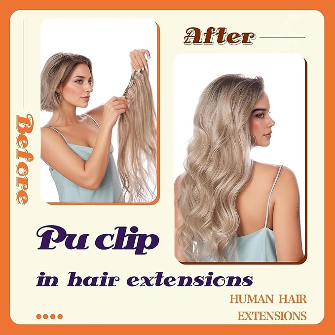 Full Shine Blonde Clip in Hair Extensions Highlights Human Hair Clip ins Ash Blonde Mix Bleach Blonde PU Clip in Hair Extensions Remy Hair 12 Inch 8 PCS 80 G