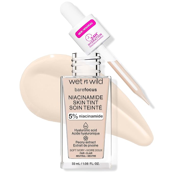wet n wild Bare Focus Skin Tint, 5% Niacinamide Enriched, Buildable Sheer Lightweight Coverage, Natural Radiant Finish, Hyaluronic & Vitamin Hydration Boost, Cruelty-Free & Vegan - Soft Ivory