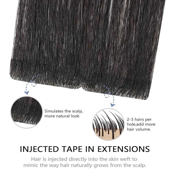 COOKAYU Invisible Tape in Extensions Human Hair, Natural Black Seamless Injected Tape Ins Remy Hair 20Inch 45g 20pcs Straight Invisi Edge Extensions Silky Smooth