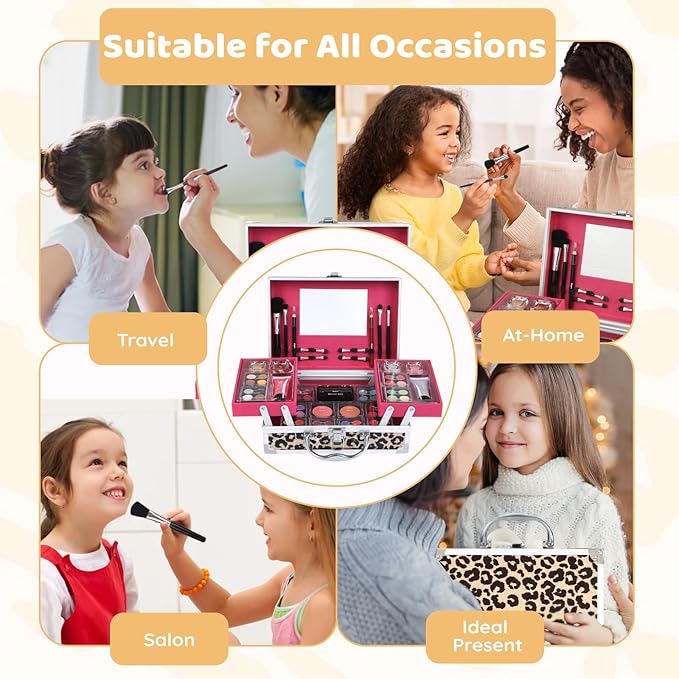 Anpro All-In-One Leopord Double Folding Makeup Carry Case with Pro Teen Makeup Set, Full Starter Kit with Makeup Brushes, Lipsticks, Eyeshadow Palette, Blushes, Glitter Gel, Ideal Present for Girls
