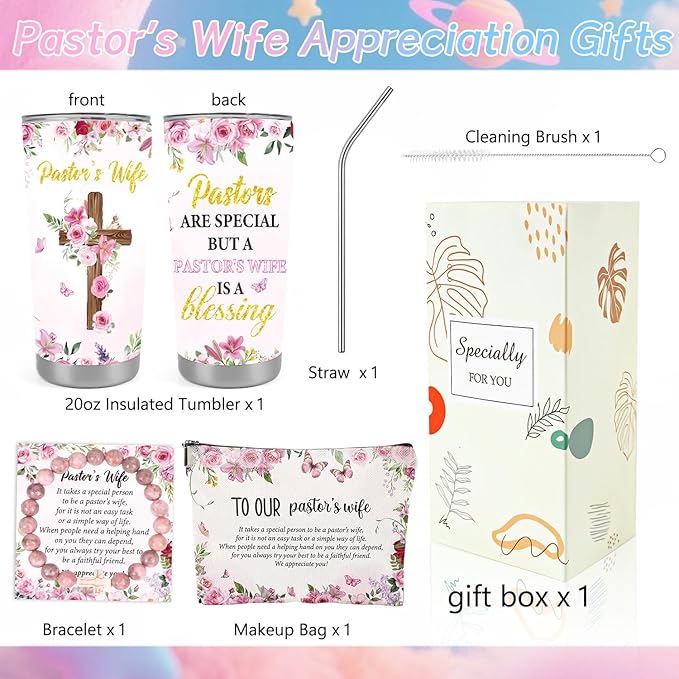 Keluna Pastors Wife Appreciation Gifts - Makeup Bag Tumbler Cup Stone Bracelet Christian Faith Religious Gifts Christmas Thank You Gift for Pastor Wife Women Birthday