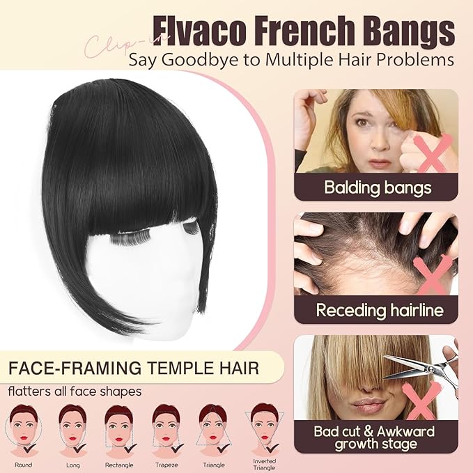 Clip in Bangs, Synthetic French Bangs Hair Clip, Dark Black Fake Bangs Fringe with Temples Hairpieces for Women Natural Curved Hair Extensions for Daily Wear