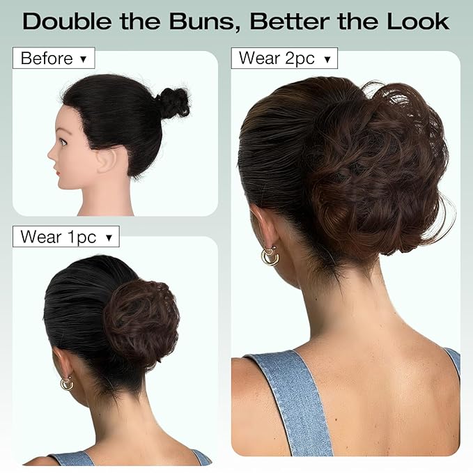 Messy Bun Hair Piece Wavy Curly Scrunchies Fluffy Donut Thick Updo Elegant Chignon Hairpieces for Women Girls, Light Brown Mix Light Auburn 1.4oz